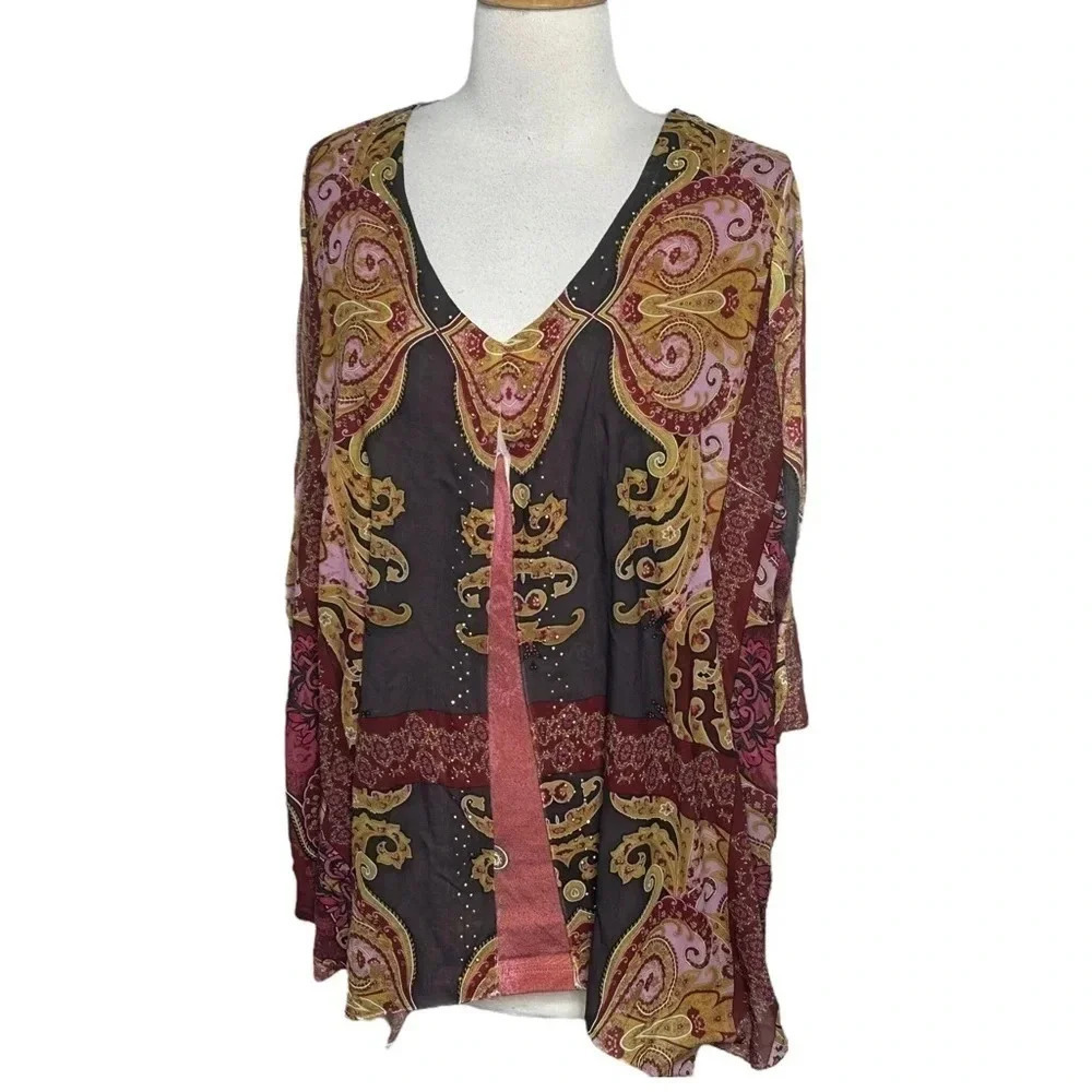 Live and Let Live Tunic 2X Burgundy Paisley Rhinestone 3/4 Sleeve V-Neck Boho